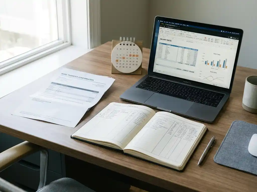Moderner Schreibtisch mit Gehaltsabrechnung, Überweisungsbestätigung und Laptop mit Gehaltsdaten im warmen Bürolicht.