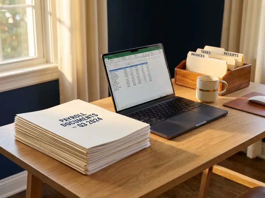 Ordentlicher Buchhalter-Schreibtisch mit Gehaltsabrechnungen, Laptop und beschrifteten Ordnern im warmen Nachmittagslicht.