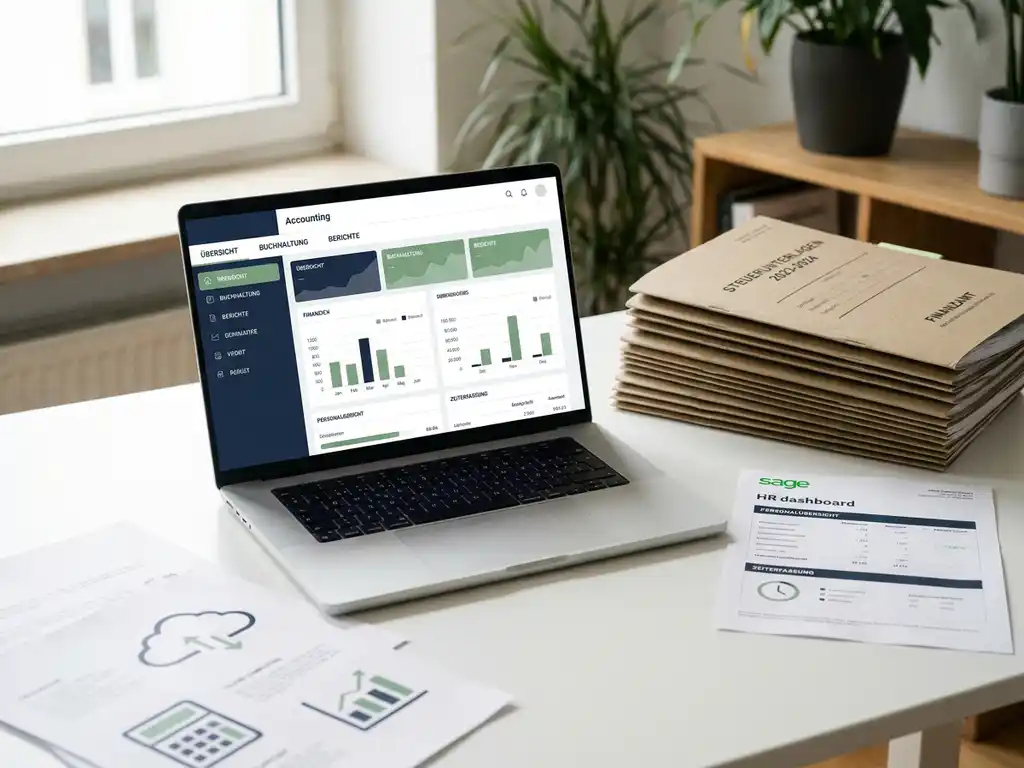 Modernes Buchhaltungsprogramm auf Laptop-Bildschirm, umgeben von deutschen Steuerordnern und HR-Dokumenten auf weißem Schreibtisch.
