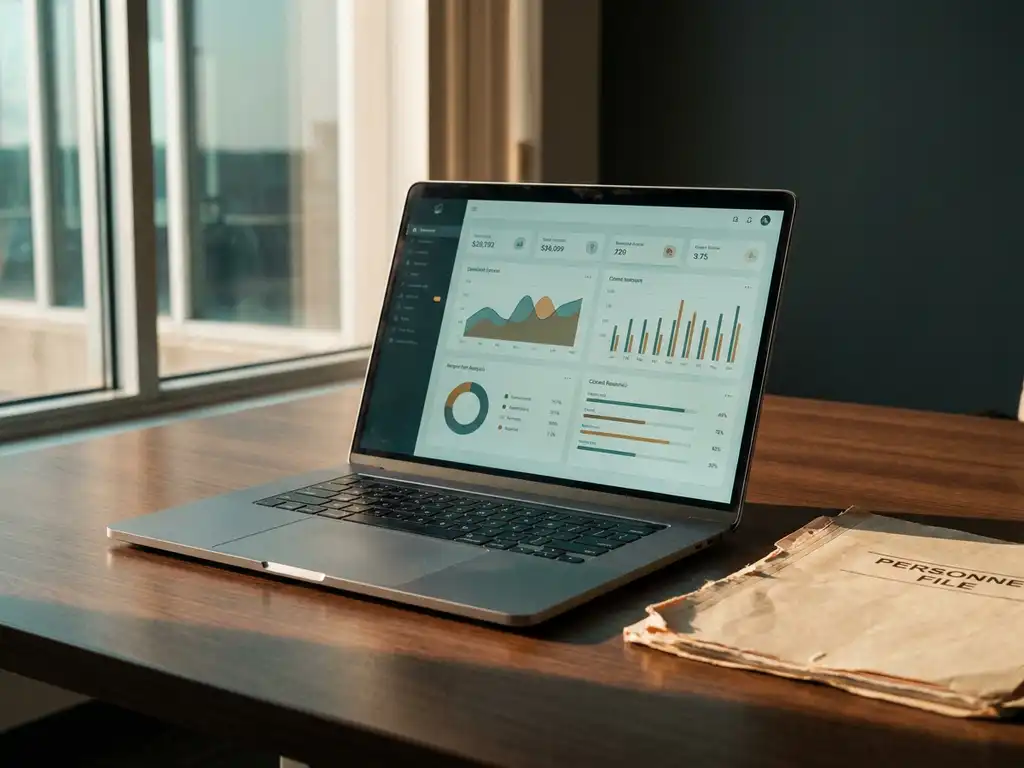 Laptop mit HR-Dashboard auf Eichenholzschreibtisch neben abgelegter Personalakte, warmes Nachmittagslicht beleuchtet den Wandel von analog zu digital.