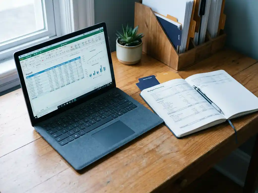 Holzschreibtisch mit Budgetplanung, Laptop mit Gehaltstabellen, mechanischem Bleistift und Sukkulente im Morgenlicht.