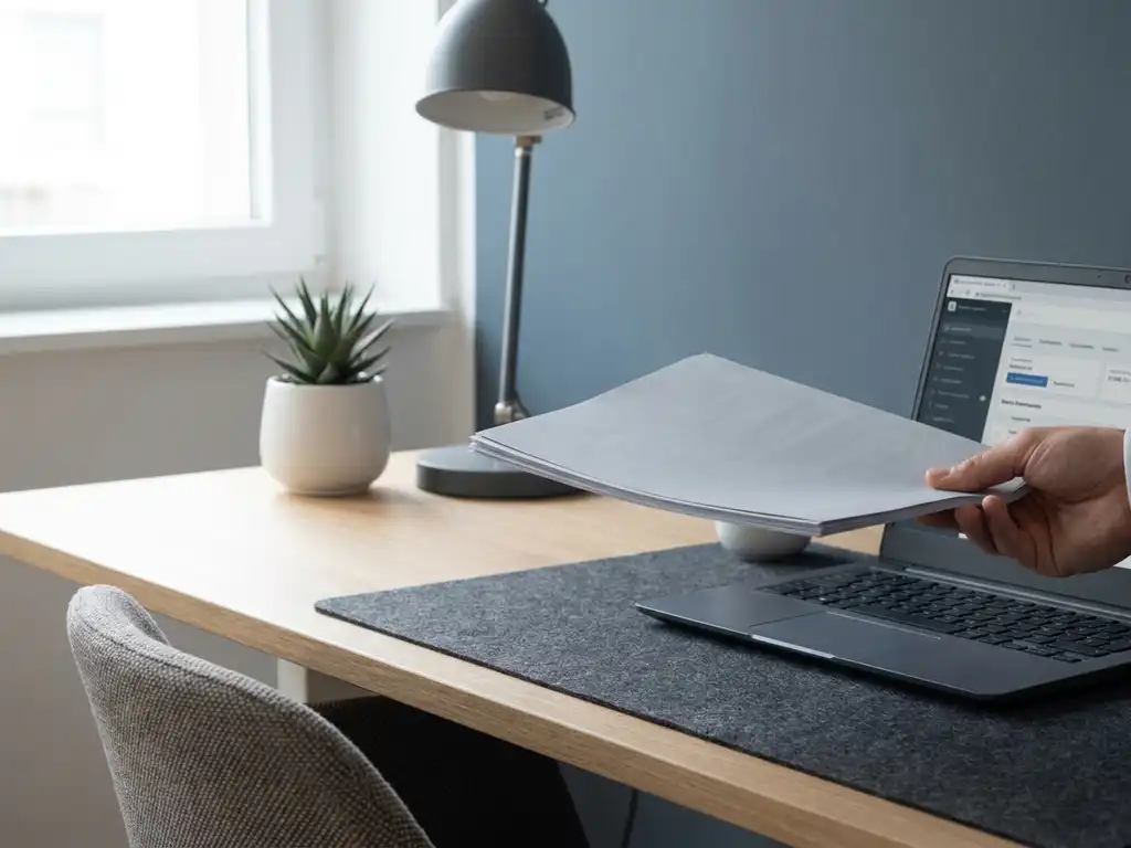 Gehaltsabrechnungen werden an einem modernen deutschen Büroschreibtisch mit Laptop und kleiner Topfpflanze übergeben.