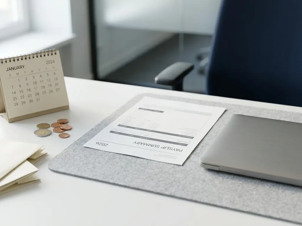 Gehaltsabrechnung 2026 auf modernem Büroschreibtisch mit Laptop, Euromünzen und Kalender im weichen Fensterlicht.