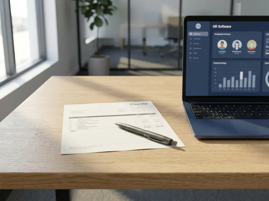 Gedruckte Gehaltsabrechnung auf Eichenholzschreibtisch neben Laptop mit HR-Dashboard, Kugelschreiber quer auf dem Dokument, warmes Fensterlicht.