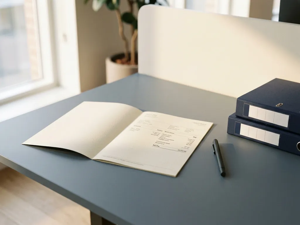 Aufgeklappte Gehaltsabrechnung auf modernem Schreibtisch neben Stift und Aktenordnern im warmen Morgenlicht.