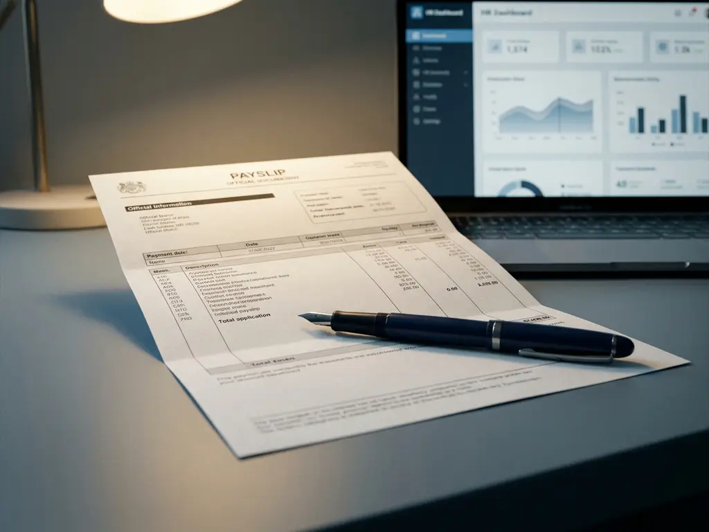 Gehaltsabrechnung auf modernem Schreibtisch mit Füllfederhalter, HR-Software auf Laptop im Hintergrund, warmes Schreibtischlampenlicht.