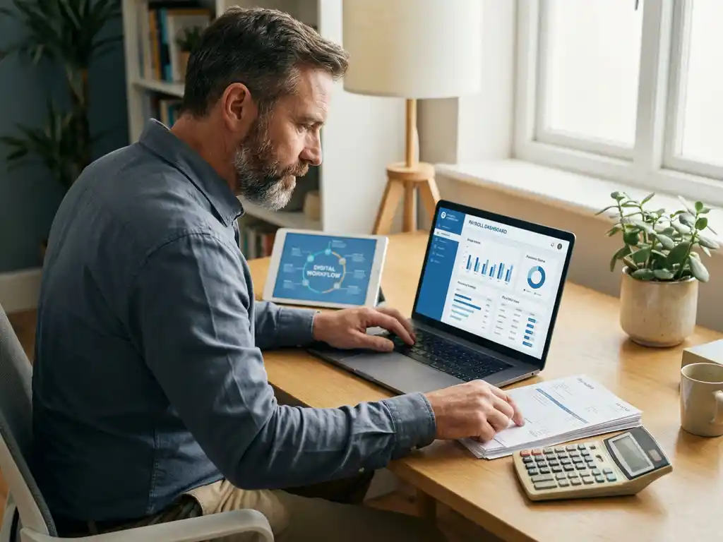 Büroangestellter prüft digitales Gehaltsabrechnungs-Dashboard auf Laptop, moderner Holzschreibtisch mit warmem Licht.