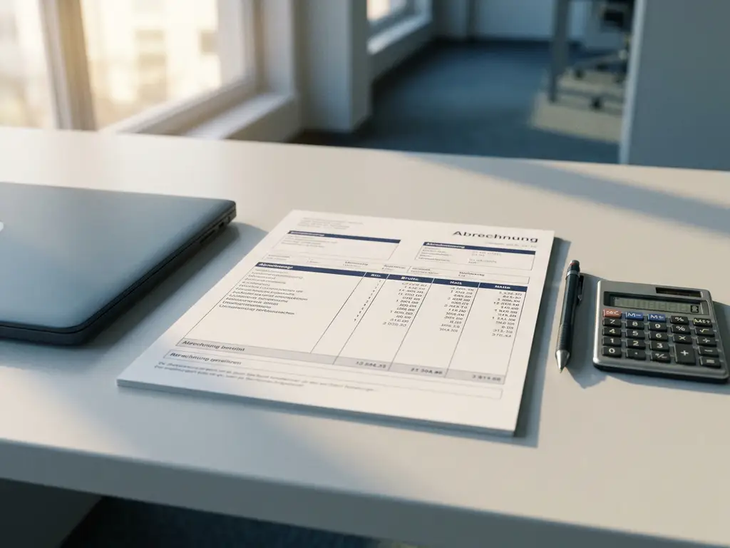 Deutsches Lohnabrechnungsdokument auf modernem Schreibtisch neben Laptop, Druckbleistift und Taschenrechner im warmen Morgenlicht.