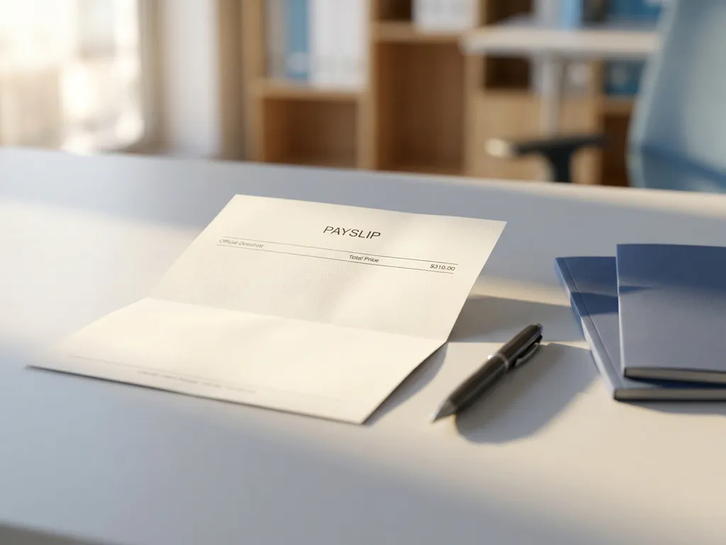 Gehaltsabrechnung auf modernem Büroschreibtisch neben Kugelschreiber und Personalakten, warmes Seitenlicht, flache Schärfentiefe.