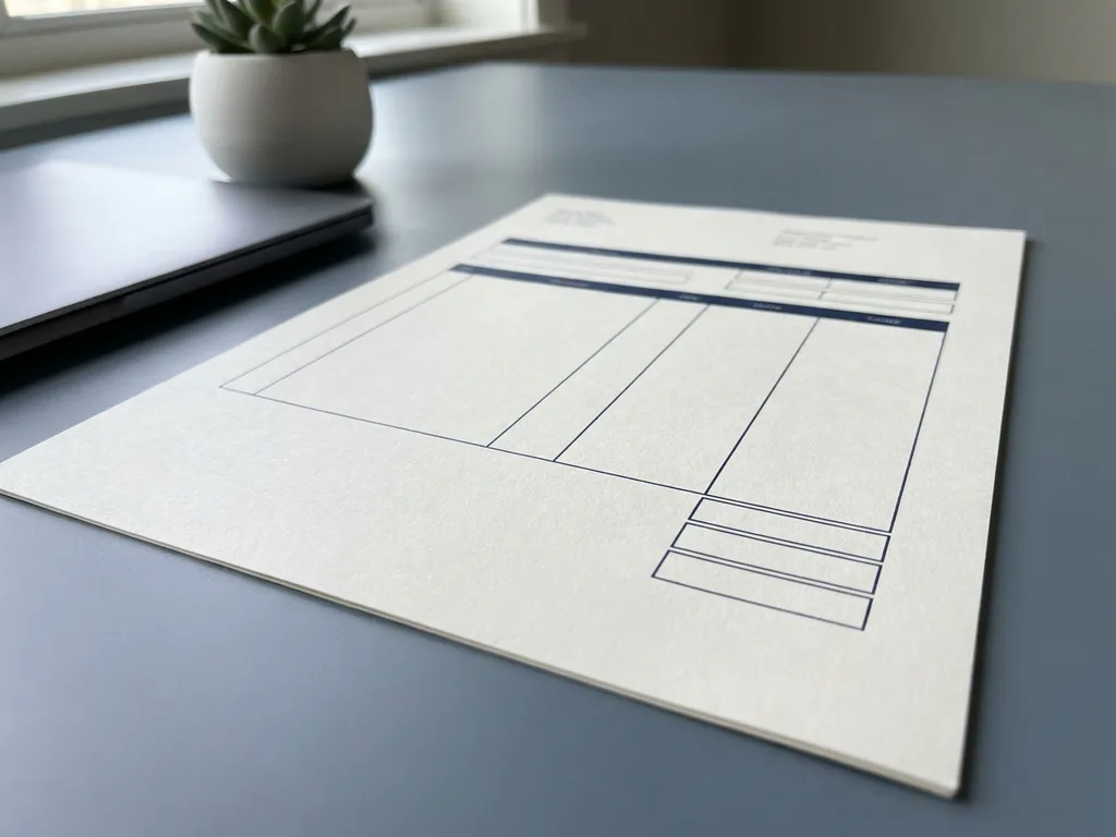 Gehaltsabrechnung auf modernem Schreibtisch neben Laptop und kleiner Topfpflanze im natürlichen Fensterlicht.