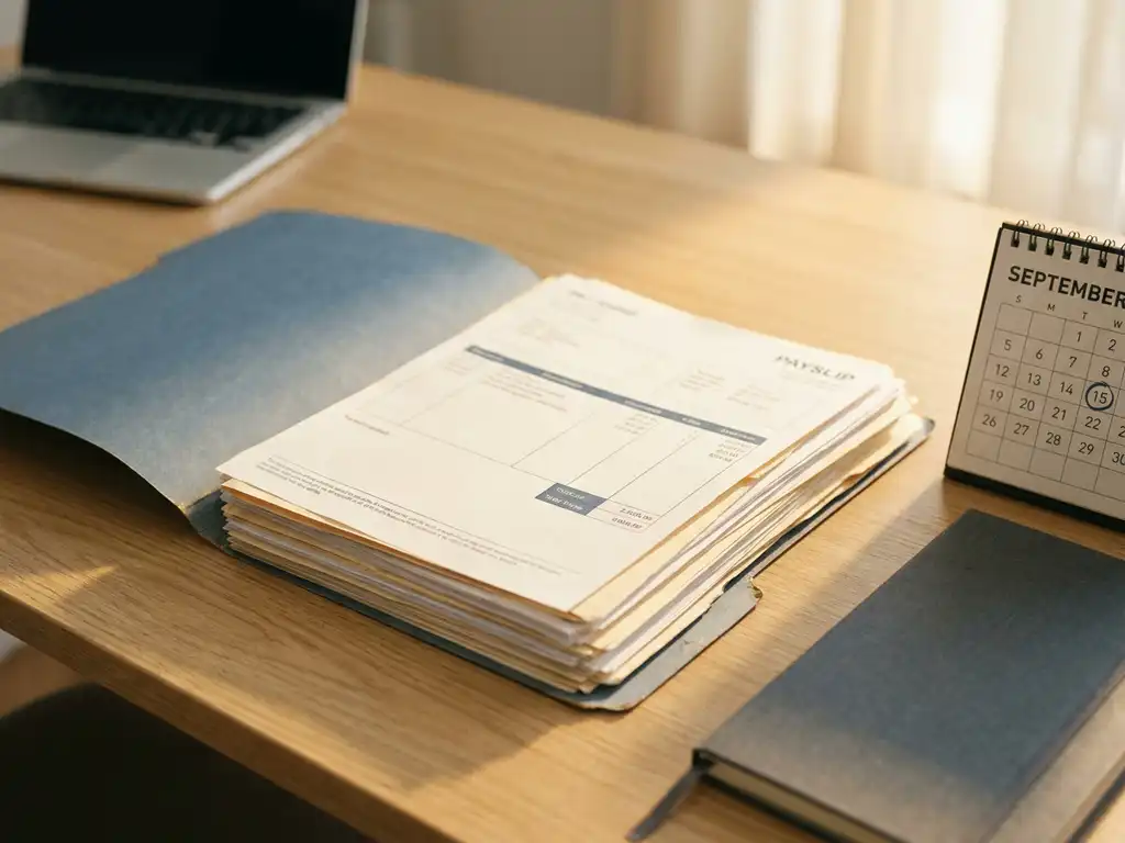 Gehaltsabrechnungen in geöffnetem Aktenordner auf modernem Schreibtisch, Laptop und Tischkalender im unscharfen Hintergrund.