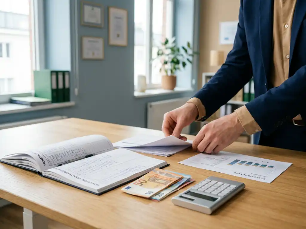 Monatliche Gehaltsabrechnung mit Euro-Scheinen, Taschenrechner und Budgetprognose auf einem Eichenholzschreibtisch im modernen Büro.