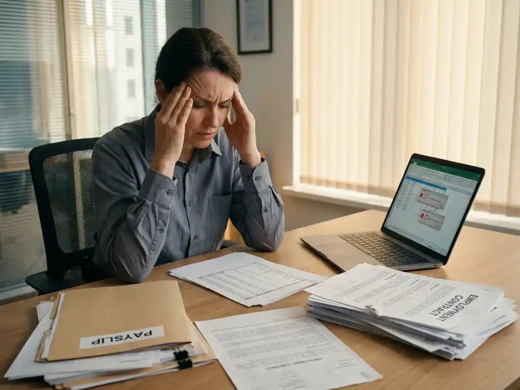 HR-Managerin an modernem Schreibtisch mit verstreuten Gehaltsabrechnungen, Arbeitsverträgen und Laptop mit Tabellenfehlern.