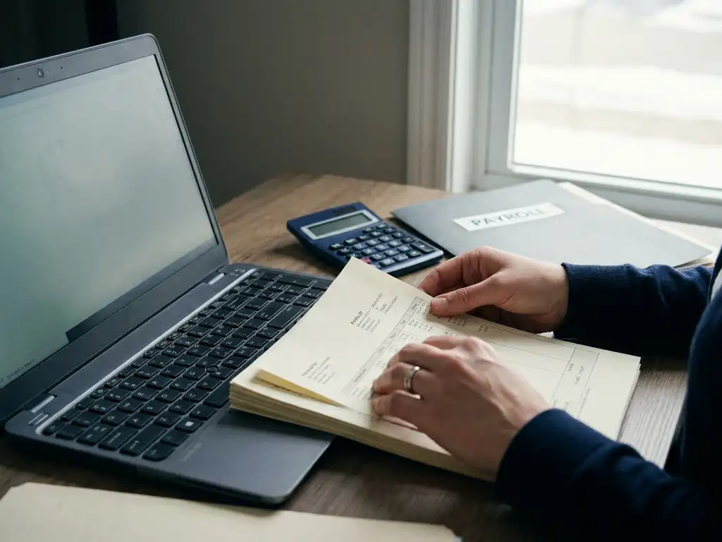 HR-Fachkraft ordnet gedruckte Gehaltsabrechnungen neben einem Laptop auf einem Büroschreibtisch, Taschenrechner und Ordner im Hintergrund.