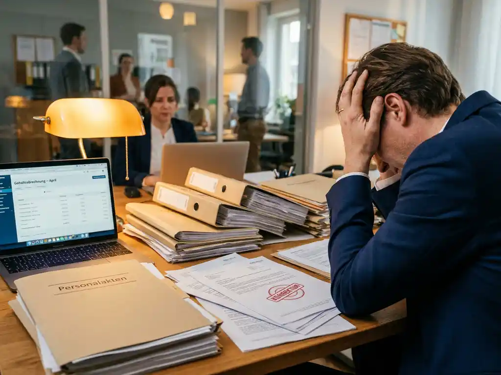 Gestresste HR-Managerin zwischen gestapelten Gehaltsordnern und einem Laptop mit Lohnbuchhaltungssoftware am unaufgeräumten Schreibtisch.