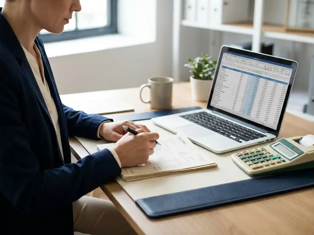 HR-Fachkraft prüft Gehaltsabrechnung am modernen Schreibtisch mit Laptop und Taschenrechner im natürlichen Seitenlicht.