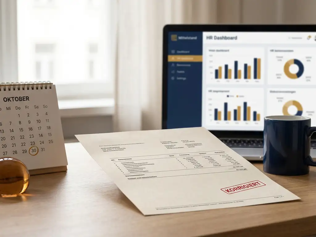 Gehaltsabrechnung mit Korrekturstempel auf Schreibtisch, HR-Software auf Laptop im Hintergrund, Kalender mit Fristdatum, modernes Büro.