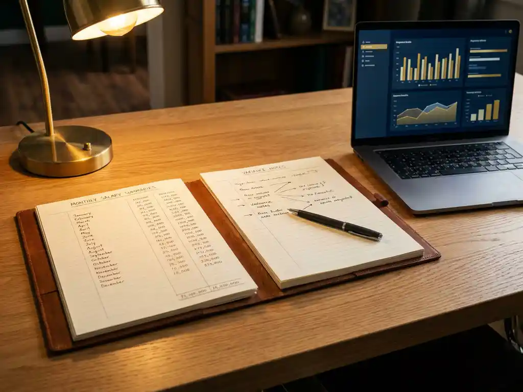 Gehaltsabrechnung-Spezialist Eichenschreibtisch mit zwei offenen Lohnbuchhaltungsordnern, Laptop mit Datencharts und warmer Schreibtischlampe.