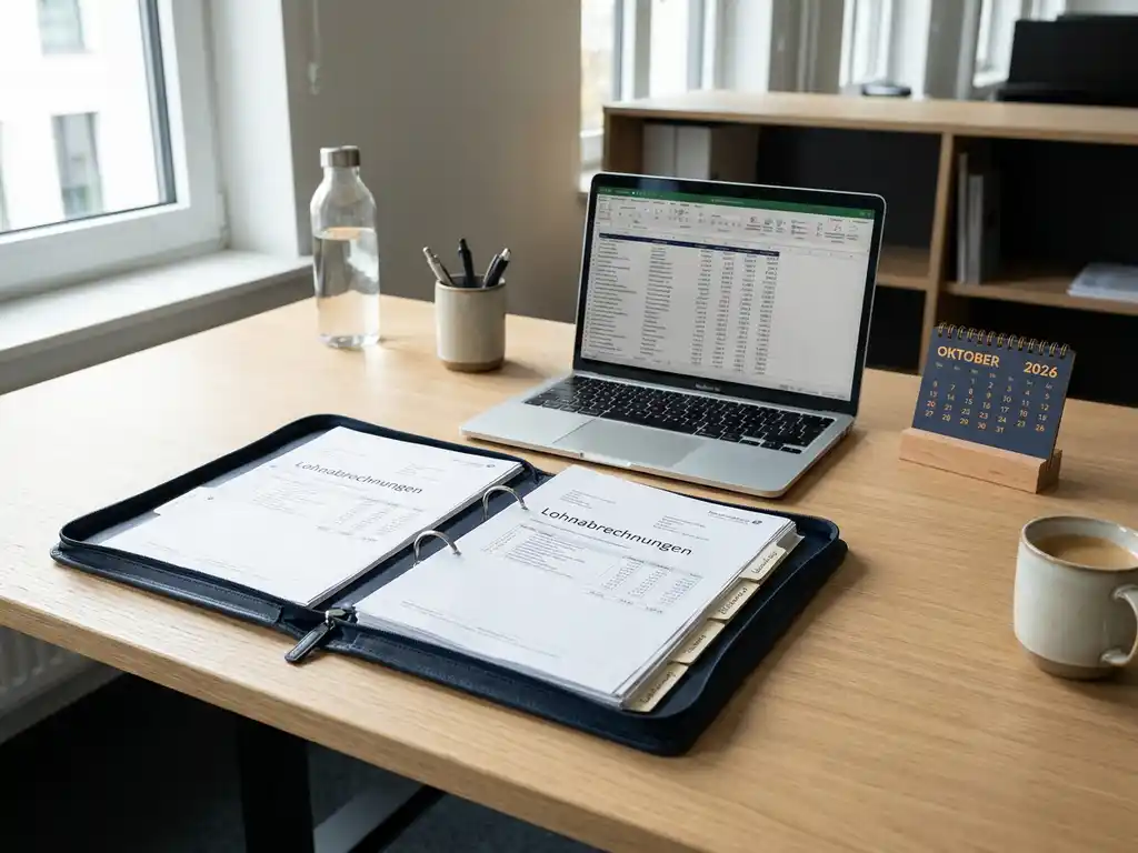 Geöffneter Gehaltsabrechnungsordner auf modernem Schreibtisch neben Laptop und Tischkalender 2026, natürliches Fensterlicht.