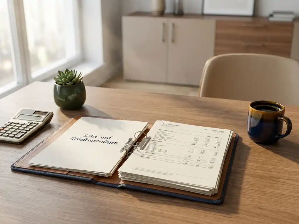 Geöffneter Lohnbuchhaltungsordner mit Gehaltsabrechnungen auf modernem Büroschreibtisch, flankiert von Taschenrechner, Kaffeetasse und Zimmerpflanze.