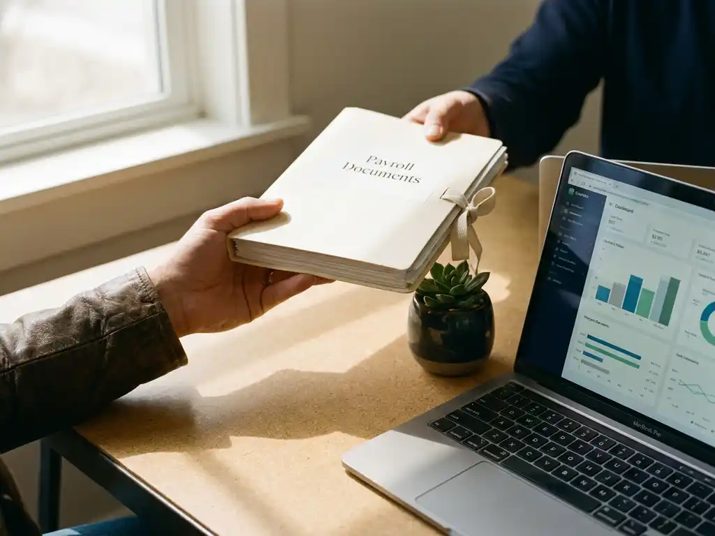 Gehaltsabrechnungsmappe wird über aufgeräumten Bürotisch mit HR-Dashboard-Laptop gereicht, natürliches Fensterlicht.