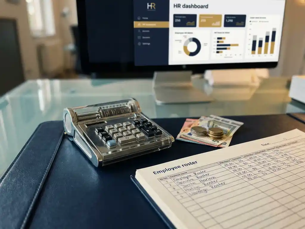 Taschenrechner und Mitarbeiterliste auf Glasschreibtisch mit Euro-Münzen und Scheinen, HR-Dashboard im Hintergrund.