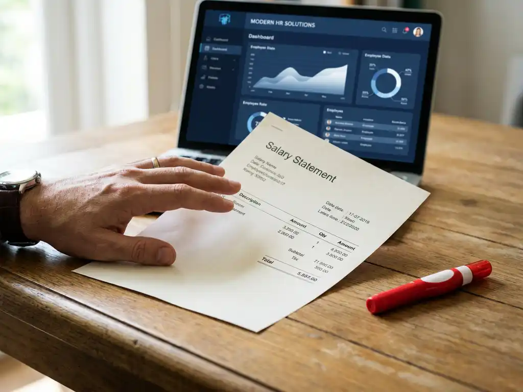 Gehaltsabrechnung auf Eichenholzschreibtisch mit rotem Korrekturstift, HR-Software-Dashboard im Hintergrund.