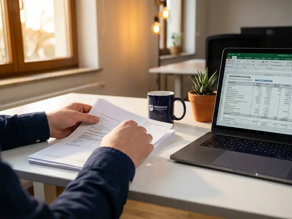 Gehaltsabrechnungen werden von einem Payroll-Spezialisten neben einem Laptop mit Tabellendaten auf einem aufgeräumten Büroschreibtisch sortiert.