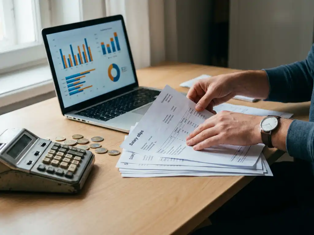 Gehaltsabrechnungen werden von einem Payroll-Spezialisten neben einem Laptop mit Gehaltsdiagrammen sortiert, Euromünzen und Taschenrechner auf dem Schreibtisch.
