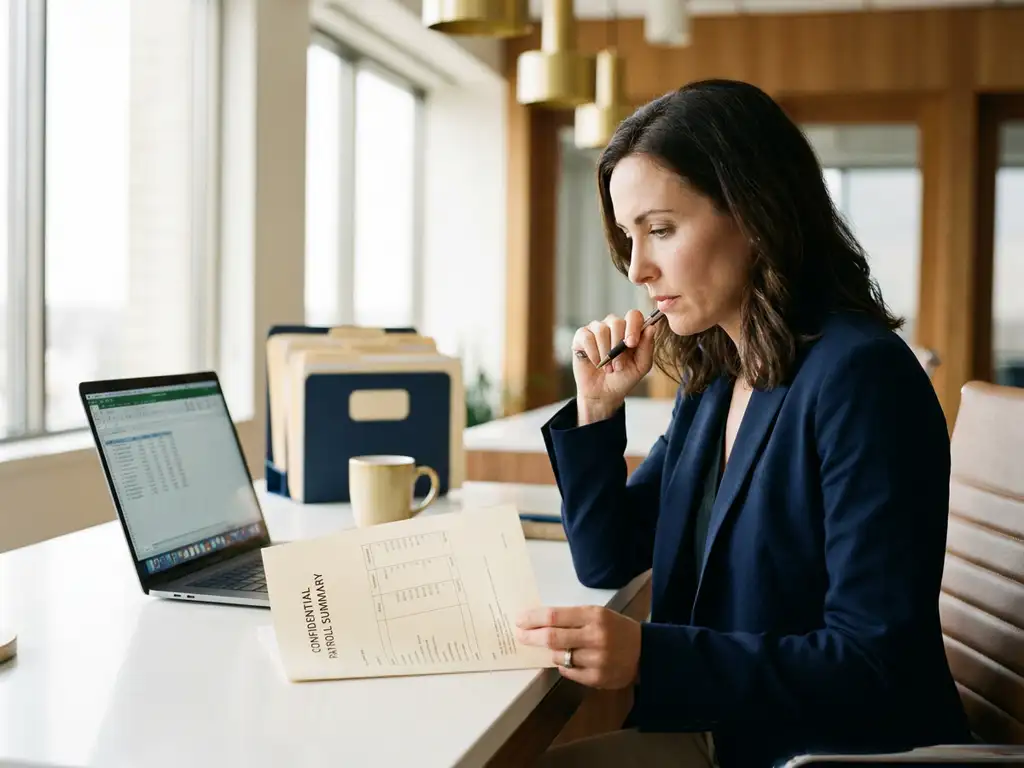 HR-Fachkraft prüft Gehaltsabrechnungsunterlagen am modernen Schreibtisch mit Laptop, Kaffeetasse und Ordnern im Hintergrund.