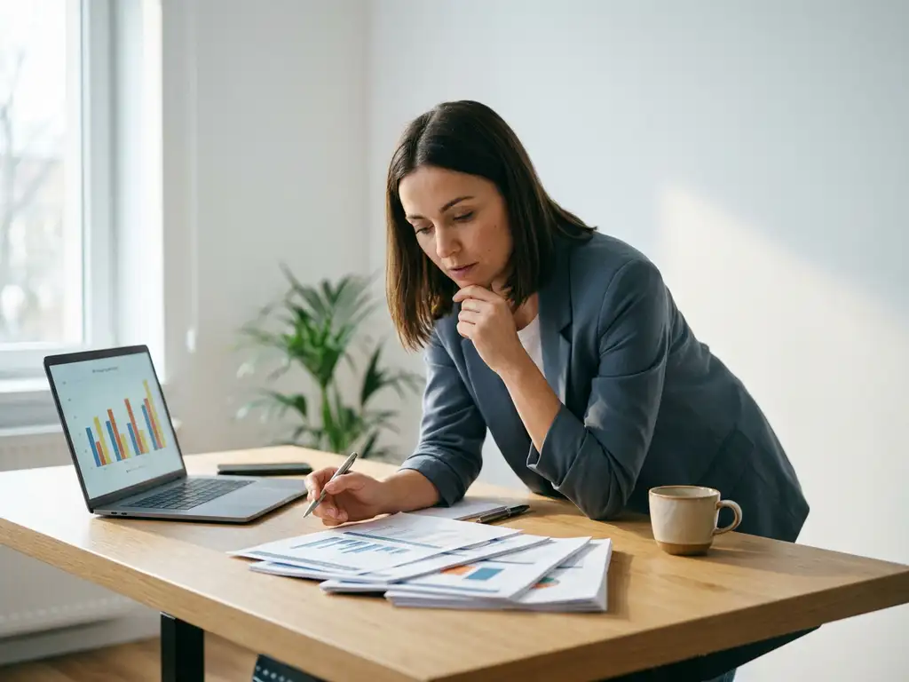HR-Managerin prüft ausgedruckte Gehaltsabrechnungen am modernen Schreibtisch mit Laptop und Gehaltsdiagrammen im natürlichen Seitenlicht.
