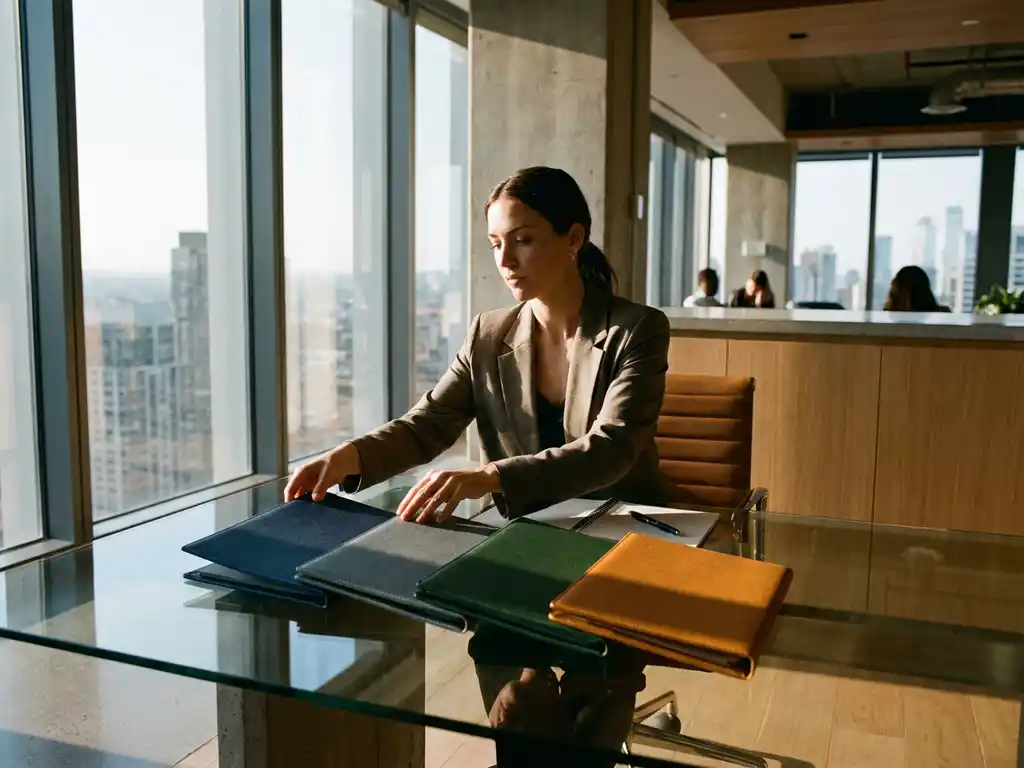 HR-Managerin ordnet vier farbige Ordner auf Glasschreibtisch in modernem Büro, symbolisiert strategische HR-Säulen.