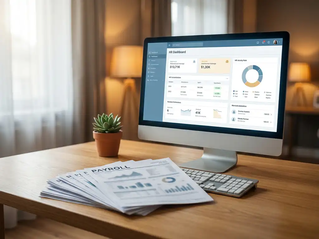 HR-Software-Dashboard auf modernem Monitor neben ausgedruckten Gehaltsabrechnungen und mechanischer Tastatur auf Eichenholzschreibtisch.