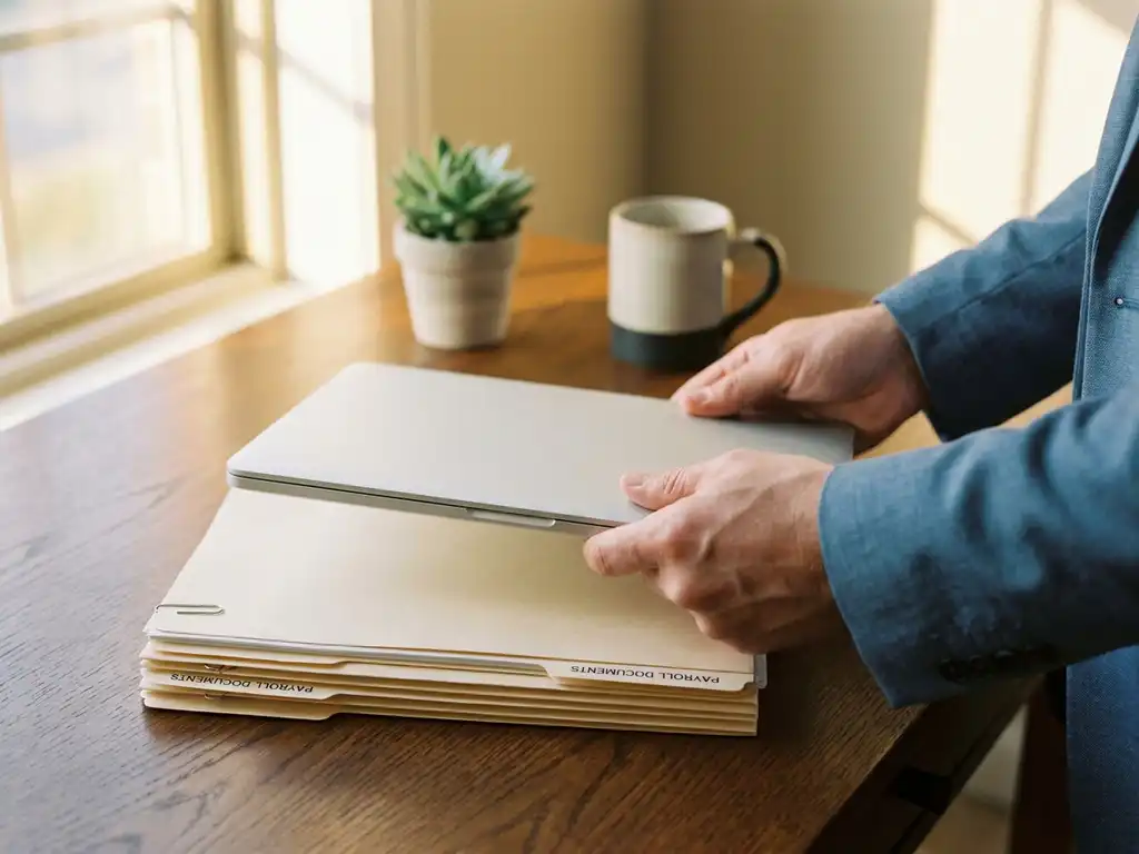 Hände halten Laptop und Gehaltsabrechnungsordner auf Eichenschreibtisch, Vergleich digitaler und papierbasierter Lohnbuchhaltung.