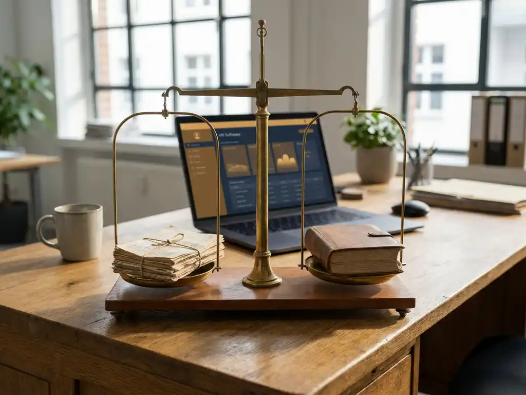 Ausgewogene Waage mit Gehaltsabrechnungen und Budgetbuch auf Eichenschreibtisch, HR-Software auf Laptop, modernes Mittelstand-Büro.