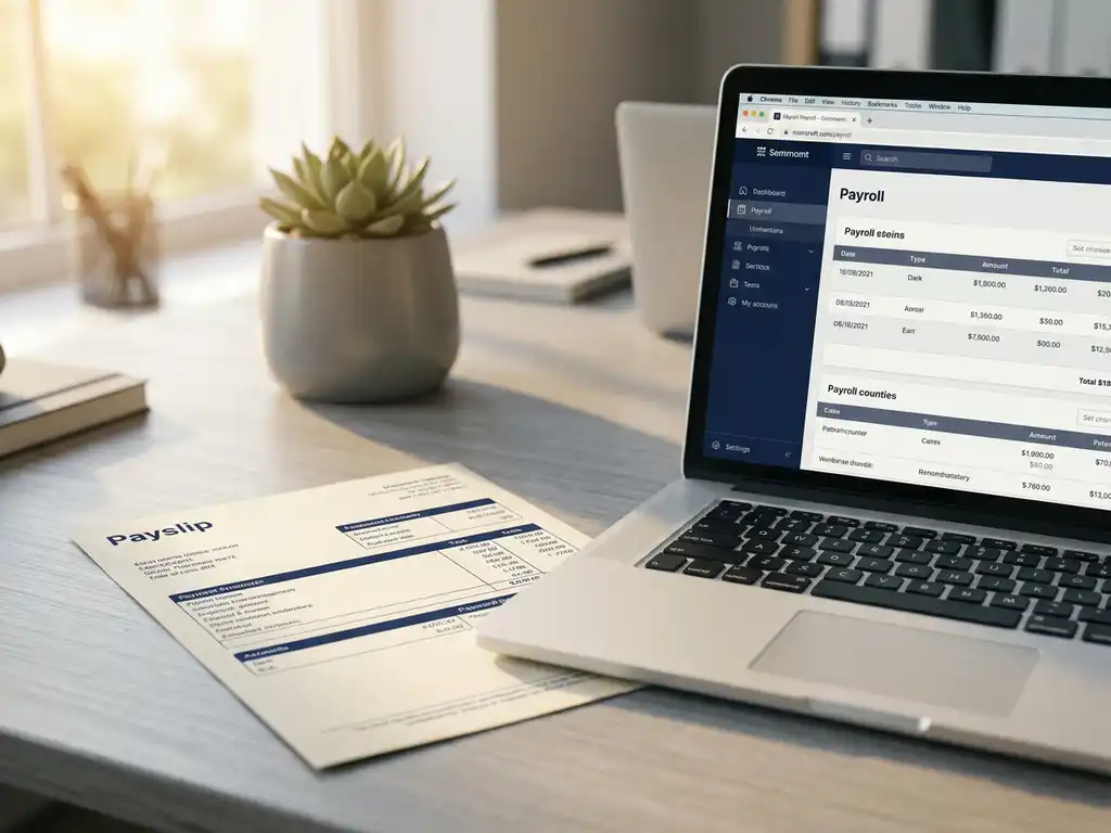 Papier-Gehaltsabrechnung neben Laptop mit digitaler Lohnabrechnung auf modernem Büroschreibtisch im warmen Morgenlicht.