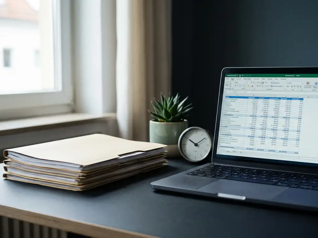Gehaltsabrechnungen und Mitarbeiterdaten neben einem Laptop auf einem aufgeräumten Büroschreibtisch im natürlichen Licht.