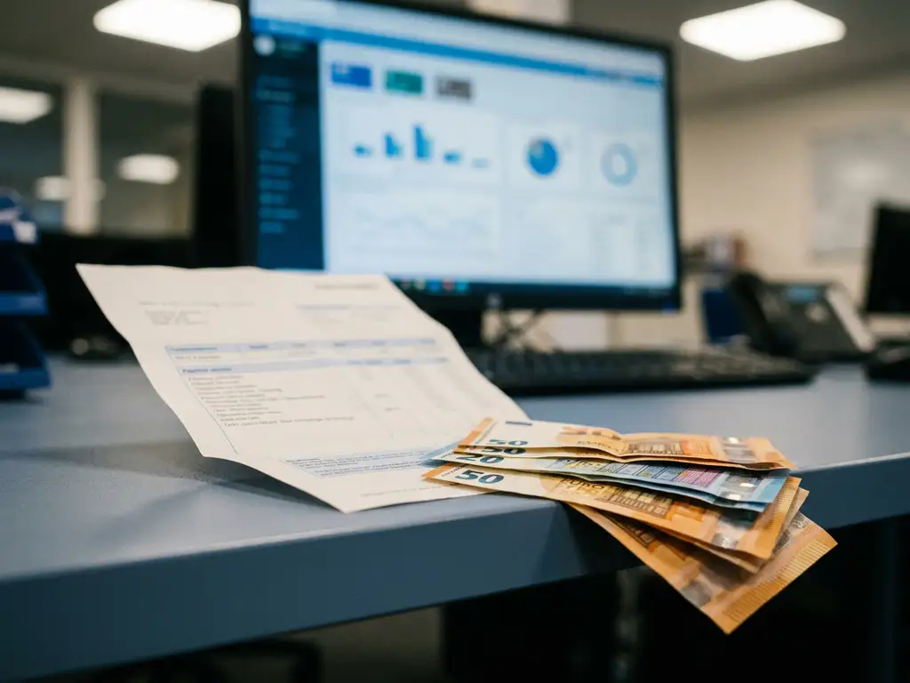 Gefaltete Gehaltsabrechnung auf Schreibtisch neben Euro-Scheinen, HR-Software-Dashboard unscharf im Hintergrund.