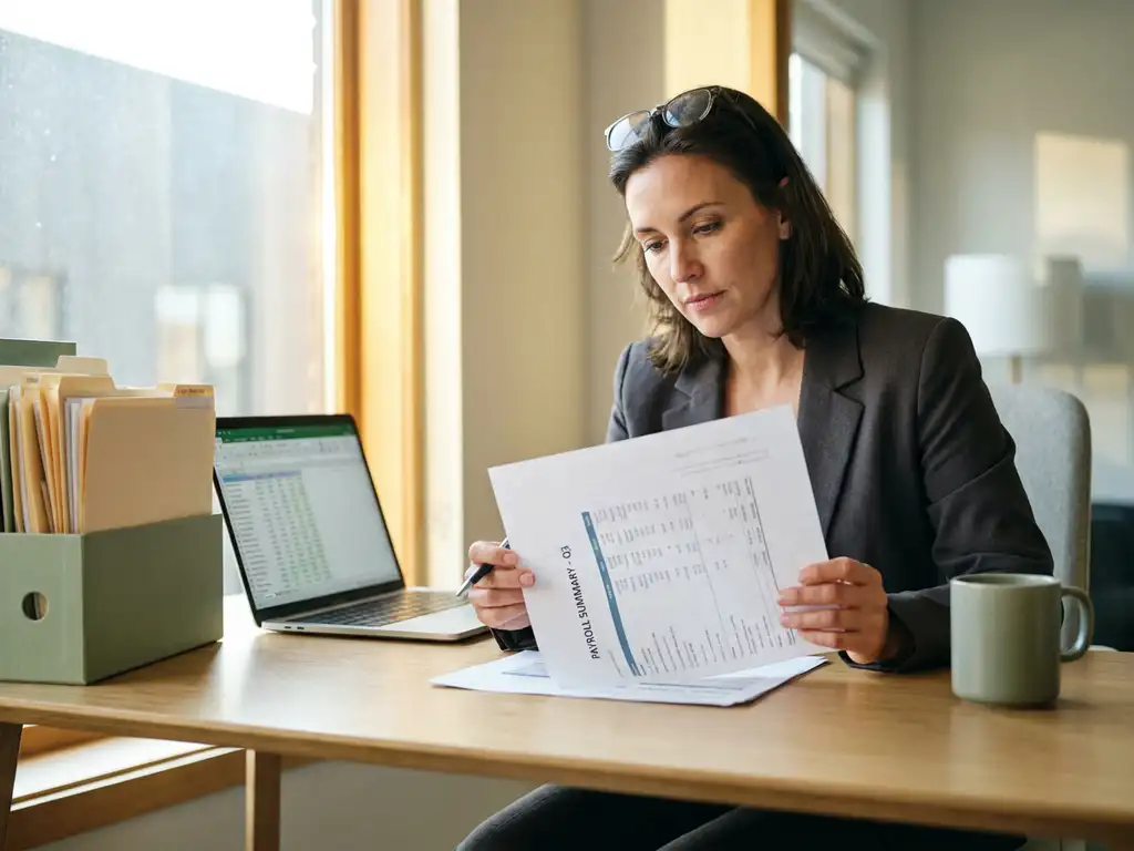 HR-Managerin prüft Gehaltsabrechnungsunterlagen am modernen Büroschreibtisch mit Laptop, Ordnern und Kaffeetasse im warmen Nachmittagslicht.