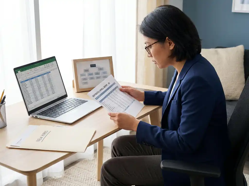 HR-Fachkraft in Businesskleidung prüft Gehaltsabrechnung am modernen Schreibtisch mit Laptop und Organigramm.
