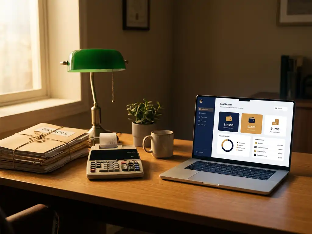 Schreibtisch mit Gehaltsabrechnungsordnern, Taschenrechner und Laptop-Dashboard – Vergleich zwischen interner und externer Lohnbuchhaltung.