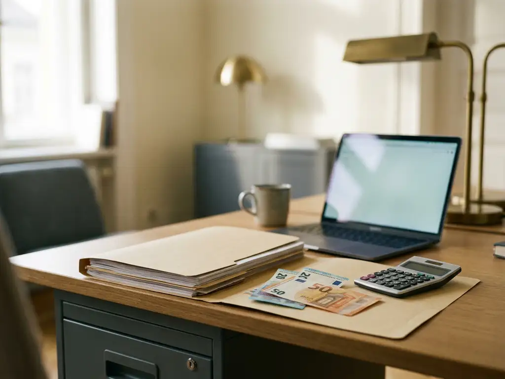 Geöffneter Gehaltsabrechnungsordner auf modernem Schreibtisch mit Euro-Scheinen, Taschenrechner und Laptop im Hintergrund.