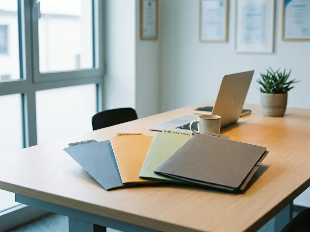 Vier farbige Gehaltsabrechnungsordner auf modernem Büroschreibtisch mit Laptop im Hintergrund, natürliches Seitenlicht.
