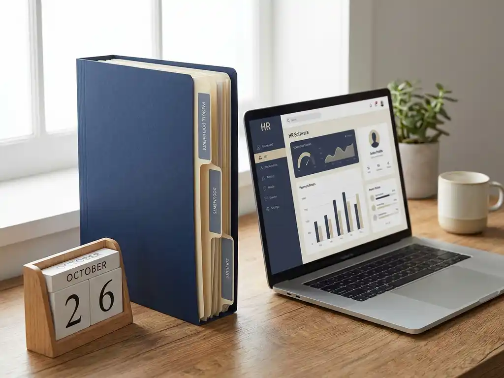 Aufrechter Gehaltsabrechnungsordner auf modernem Schreibtisch neben Laptop mit HR-Software und Tischkalender, weiches Fensterlicht.
