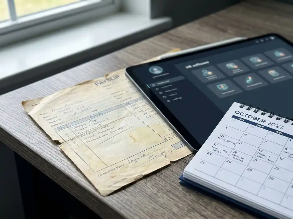 Veralteter Gehaltszettel auf einem Schreibtisch, teilweise unter einer modernen HR-Software-Oberfläche, mit Tischkalender im Hintergrund.
