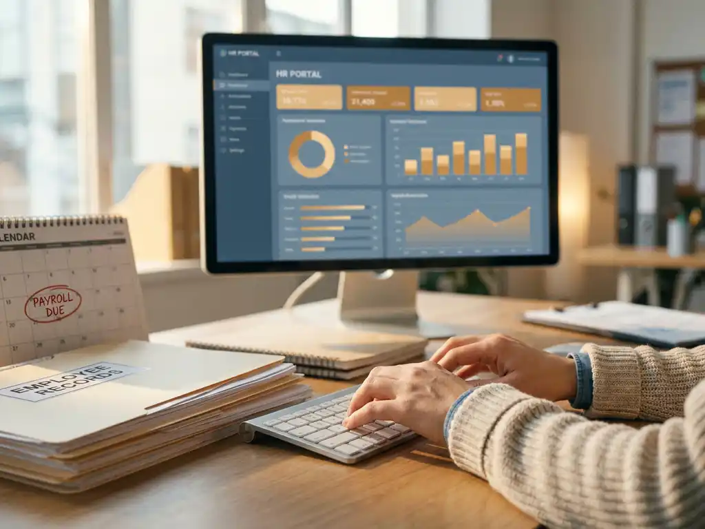 Hände einer Lohnbuchhalterin über moderner Tastatur, daneben Mitarbeiterdokumente und Kalender mit markierten Fristen, HR-Software im Hintergrund.