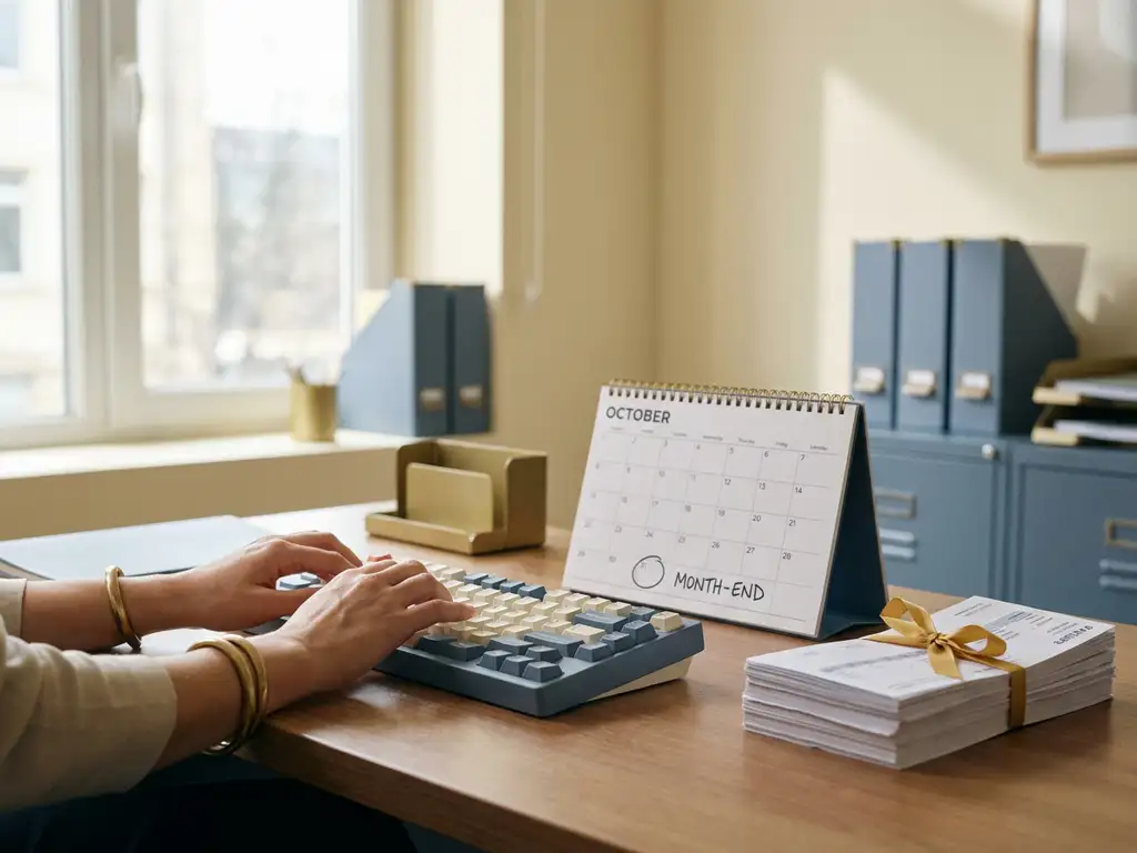 Hände einer Lohnbuchhalterin über moderner Tastatur, daneben Monatskalender und gestapelte Gehaltsabrechnungen im hellen Büro.