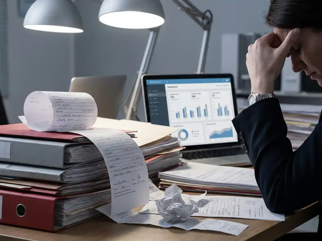 Gestresste Person hält sich die Schläfe, umgeben von Papierstapeln und Ordnern, im Hintergrund ein HR-Software-Dashboard auf dem Laptop.