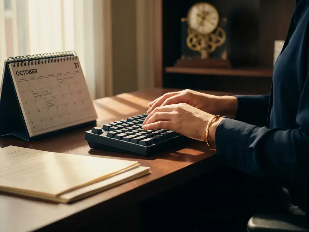 Hände einer Lohnbuchhalterin über moderner Tastatur, daneben aufgeschlagener Tischkalender zum Monatsende, Uhr im unscharfen Hintergrund.