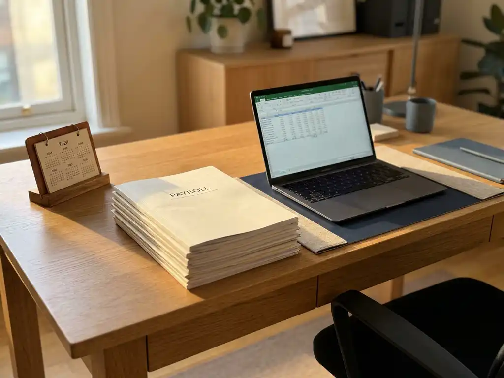 Eichenschreibtisch mit gestapelten Gehaltsabrechnungen, offenem Laptop und Tischkalender im warmen Nachmittagslicht.